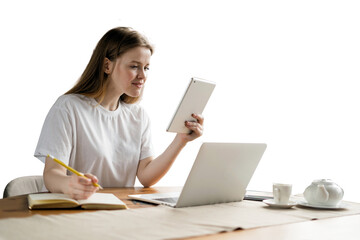 Writes down an online education assignment Uses a laptop and tablet, studies on the institute's website, a smart woman in a shirt. Transparent background, png.