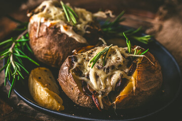 Wall Mural - Baked potatoes with mushrooms, sour cream and cheese on a rustic wooden background