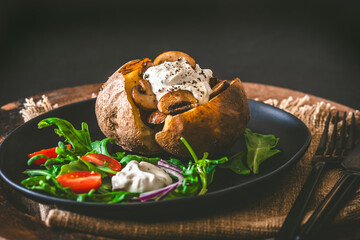 Wall Mural - Baked potato with mushrooms and sour cream, onions and arugula leaves on a black plate on rustic wooden table