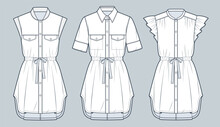Set Of Shirt Dress Technical Fashion Illustration. Drawstring Mini Dress Fashion Flat Technical Drawing Template, Different Collars And Sleeves, Button Down, Front View, White, Women CAD Mockup.