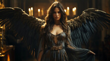 Woman Dark Angel With Candles On Background