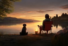 Young Woman And Her Dog Are Sitting On The Shore Of A Lake Near A Campfire In Camp, Enjoying An Amazing View Of The Lake At Sunset. Friendship Between Man And Dog ,Generative AI	