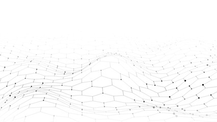 Digital hexagon dynamic wave of particles. Vector abstract white futuristic background. Big data visualization.