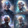 Old cyborg portraits and his hand in a fantastic style background