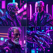 Old cyborg portraits and his hand in a cyberpunk background