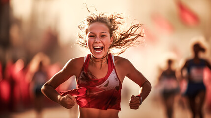 She crosses the finish line with a triumphant smile, having completed a marathon.