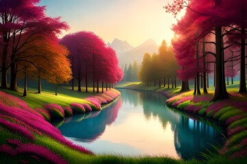 Wall Mural - natural background of trees on hills and water  generated by AI technology