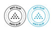 Anti slip icon set in blue and black color. Antislip texture symbol. slip prevention vector stamp.