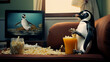 Penguin is watching tv and eating popcorn at home. Generative AI