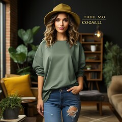 Wall Mural - Illustration of a fashion portrait with plain t-shirt mockup ,  AI Generated