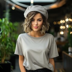 Poster - Illustration of a fashion portrait with plain t-shirt mockup ,  AI Generated