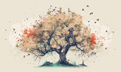 Sticker -  a painting of a tree with lots of leaves on it.  generative ai