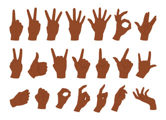 Wall Mural - Cartoon hand gestures. Human palms with various gesture, ok, thumb up, peace and pointing gesture flat vector illustration set. Hands gestures collection