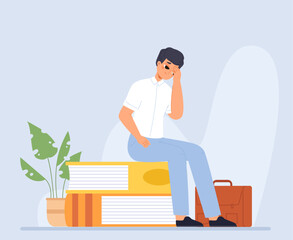 Wall Mural - Tired student sitting on book pile. Exams, work and study. Hard life rhythm, cartoon boy frustrated. Modern lifestyle, vector scene