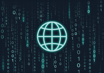 Blue neon earth globe network sign on futuristic program code background. Globe and network connection vector background. 