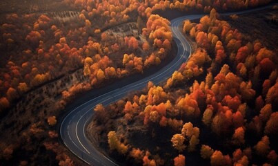 Wall Mural -  an aerial view of a winding road surrounded by autumn trees.  generative ai