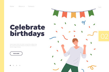 Wall Mural - Birthday celebrate concept for landing page design website template with happy man cartoon character