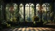 Inside a Victorian greenhouse full of plants and flowers in blossom. Made with Generative AI.  
