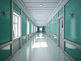  Empty long corridor with many doors, AI generative