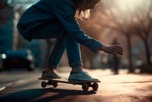 The Girl Is Riding A Skateboard. Generative AI