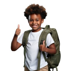 Smiling happy student boy show thumb up finger like isolated on a transparent background. Little children boy preschool, Kid Back to school.  PNG