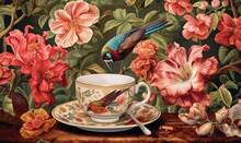  A Painting Of A Bird Sitting On A Teacup With A Spoon.  Generative Ai