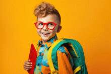 Schoolboy With Glasses With Backpack Is Ready To Go To School For Education. Generative AI