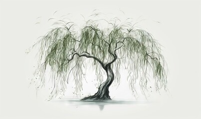 Sticker -  a drawing of a willow tree with water and birds flying around.  generative ai