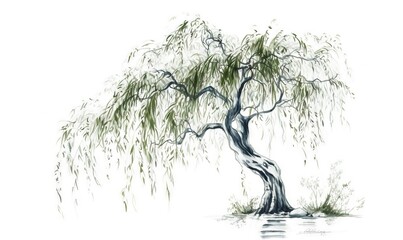 Canvas Print -  a drawing of a willow tree with water in the foreground.  generative ai