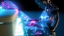  3d Illustration Of Artificial Intelligence Humanoid Robot Play On Piano With Sheet Music Neon Lines Graphic Overlay. Glowing In Futuristic Modern