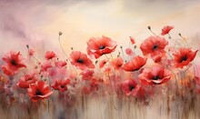 A Painting Of Red Poppies In A Field Of Grass.  Generative Ai