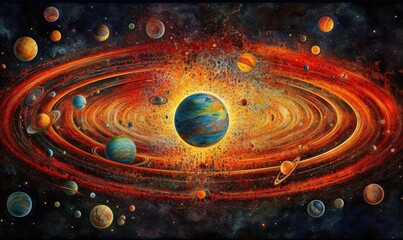  a painting of a solar system with planets and sun in the background.  generative ai