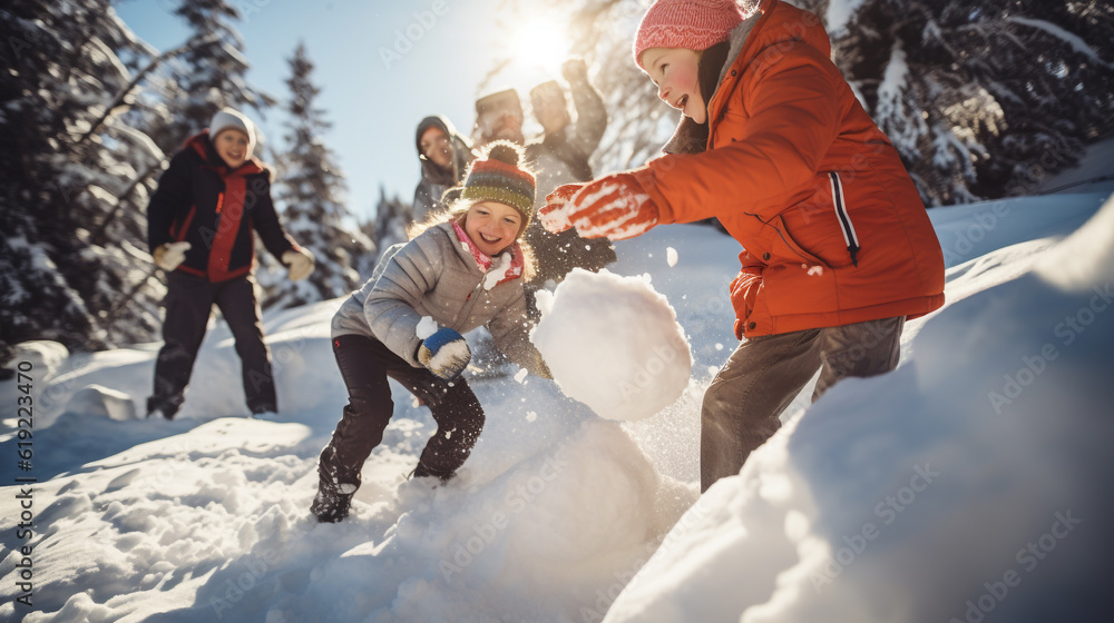Group of children playing on snow in winter time, Created using ...