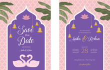 Indian Wedding Invitation And Save The Date Templates Set. Exotic Wedding Theme With Palms And Swans 