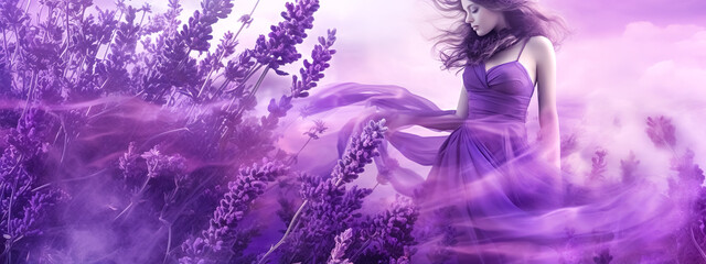 woman in dress in blooming lavender field, violet color abstract banner, made with Generative AI