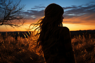 Wall Mural - Silhoutte of girl looking into space on a field. AI generative