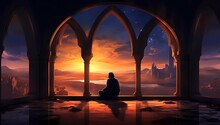 Man Meditating In The Prayer Hall With Beautiful Sky And Clouds Background Ai Generated