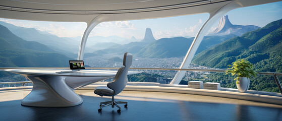 a futuristic work from home office with a fantastic view of the mountains. the minimal design is the