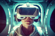 © ADDICTIVE STOCK - Generative AI image of boy in casual clothes wearing virtual reality goggles and headphones exploring cyberspace while standing against glowing background
