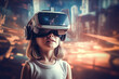 © ADDICTIVE STOCK - Generative AI image of girl wearing virtual reality goggles and exploring cyberspace while standing against blurred cityscape