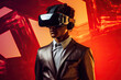 © ADDICTIVE STOCK - Generative AI image of young man in suit wearing virtual reality goggles while experiencing cyberspace against red background
