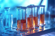© ADDICTIVE STOCK - Generative AI image of transparent glass test tubes with orange colored liquid sample for testing while placed on table with glassware against blurred scientific laboratory