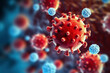 © ADDICTIVE STOCK - Generative AI illustration of closeup of red viral particle and microscopic view of floating blue and red cells while experimenting for immunity against diseases on abstract background