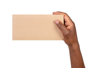 Man holding a blank rectangular piece of brown paper isolated on white or transparent background