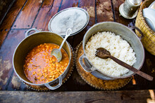 Traditional African Vegetarian Food On Wooden Table