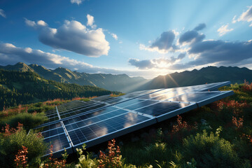 solar panel with sunlight and blue sky background, symbolizing clean and renewable energy in nature.