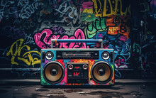 Retro Old Design Ghetto Blaster Boombox Radio Cassette Tape Recorder From 1980s In A Grungy Graffiti Covered Room.music Blaster