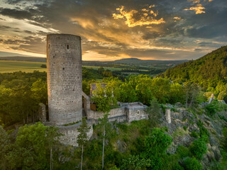 Wall Mural - Aerial view of Tocnik and Zebrak castles during sunset