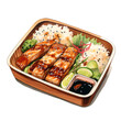 Delicious Teriyaki Bento Box: Colorful Watercolor Clipart of Glazed and Grilled Fish or Meat for Japanese Cuisine Concept