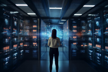 successful female data center it specialist using tablet computer, turning augmented vfx visualizati